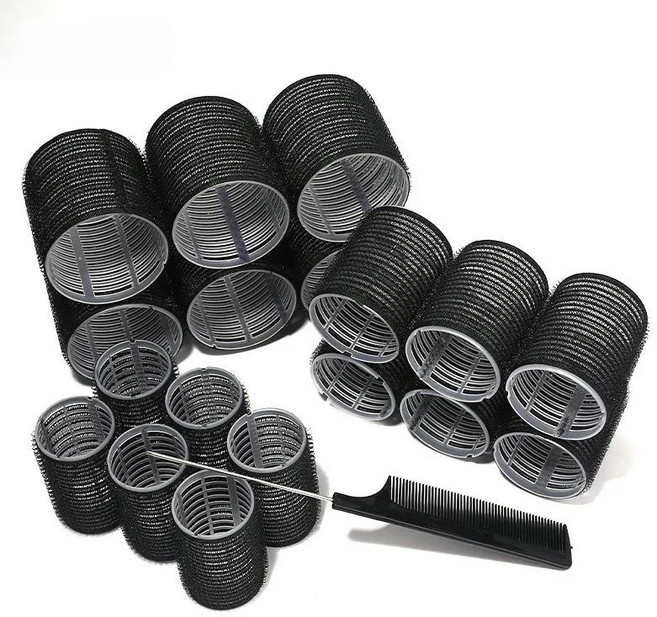 28 개/대 헤어 롤러 세트 18pcs 플라스틱 셀프 그립 헤어 컬러 3 크기 헤어 롤러 10pcs 금속 클립 DIY 미용, 03 Black-19pcs, 1개