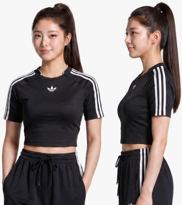 아디다스 삼선 크롭 반팔티 여성 블랙 티셔츠 불꽃마크 여자 여름 기능성 헬스 운동 반팔 팀가이스트 크롭티