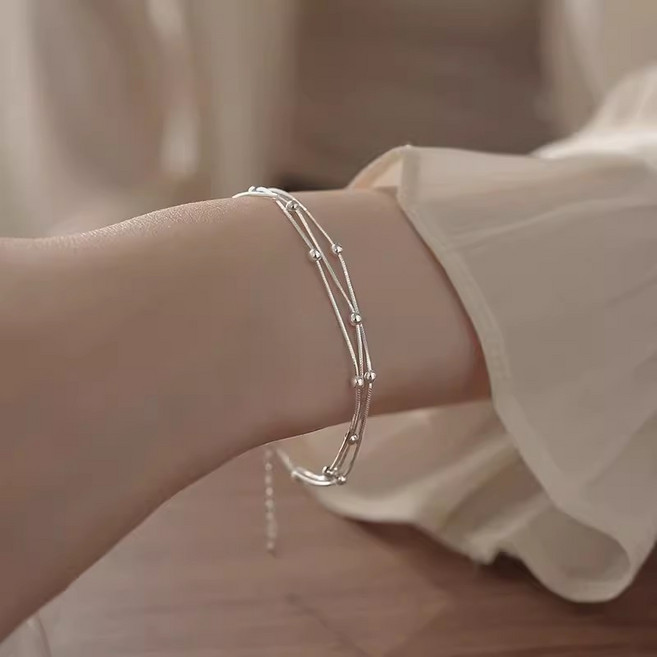 고급 볼체인 925순은 세 줄 레이어드 팔찌 미니멀하고 세련된 데일리 실버 3라인 팔찌