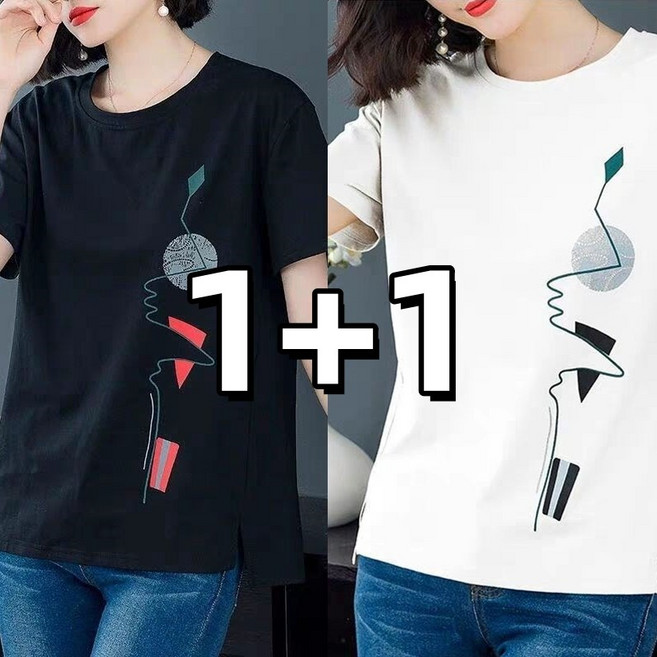 1+1 NEW 캐쥬얼 여성 라운드반팔티 여름 쿨링티셔츠 여자 티셔츠프린팅 상의 루즈핏 빅사이즈 티셔츠-4XL