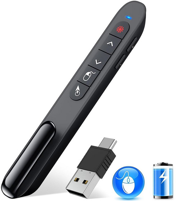 2 in 1 USB 타입 C 충전식 프레젠테이션 클리커(그린 포인터 포함) 파워포인트 프레젠테이션용 무선 PPT 클리커 컴퓨터 맥북용 2.4GHz 원격 슬라이드 어드밴스터, 4 DM100-Air Mouse 2in1 USB C, Black, 1개
