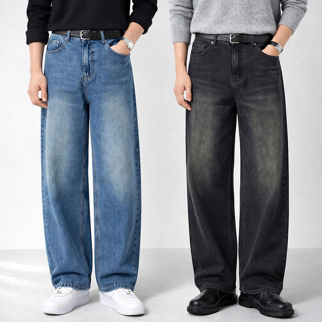 남자 워싱 와이드 밴딩 청바지 빅사이즈