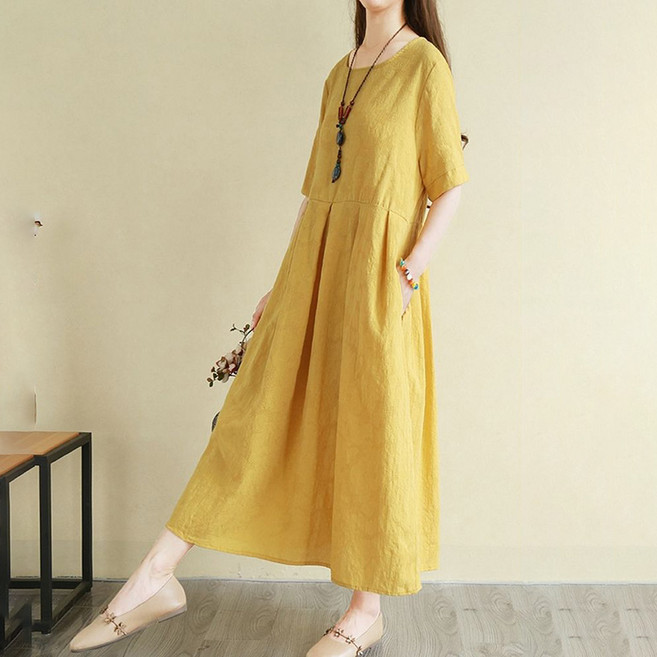 ORZQU 여성 여름 면마 반팔 롱원피스 패션 개량한복 롱스커트 린넨 휴양지원피스 생활한복