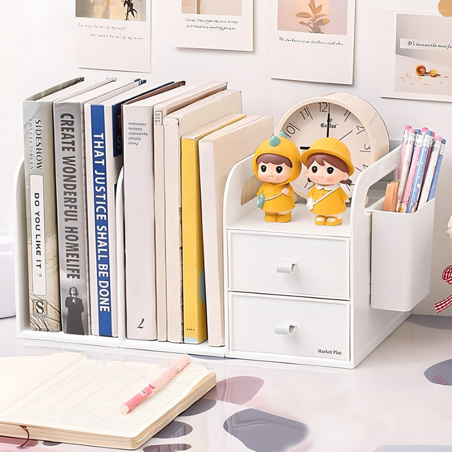 마켓플랜 심플 2단 데스크탑 다용도 책꽂이 서랍 정리함, 화이트, 1개