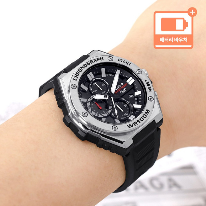 카시오 10기압 방수 크로노그래피 멀티 다이얼 아날로그 남자 우레탄 시계 + 배터리 바우처