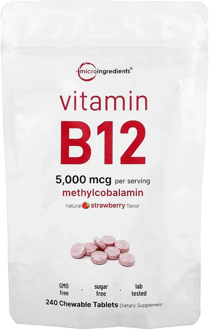 Micro Ingredients 비타민 B12 딸기맛 츄어블정 240정 정당 2500mcg 130869, 1개 - 쿠팡