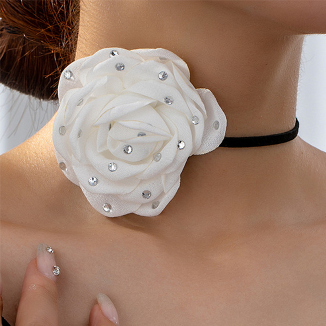 여성 장미 코사지 쉬폰 큐빅 코사지 포인트 초커 목걸이 A2733
