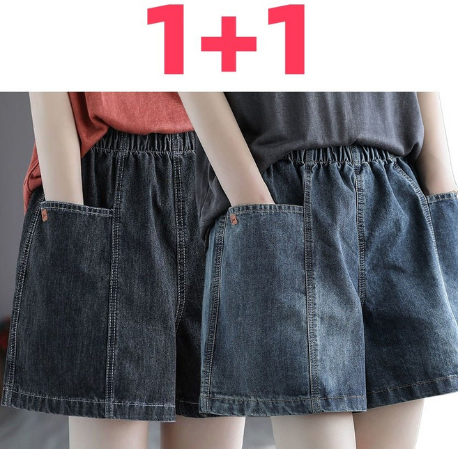 타임퓨어 1+1 여름 여성 밴딩 청반바지 빅 포켓 하이웨스트 데님반바지 빅사이즈 세미와이드 블랙진 스판 청반바지 2P