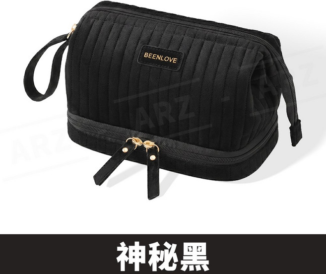 雙層輕奢絨化妝包 手提化妝包 旅行化妝包【ARZ】韓系 荷蘭絨 多夾層 化妝包 旅行包 彩妝包 大容量 質感【H360】, 神秘黑, 1個