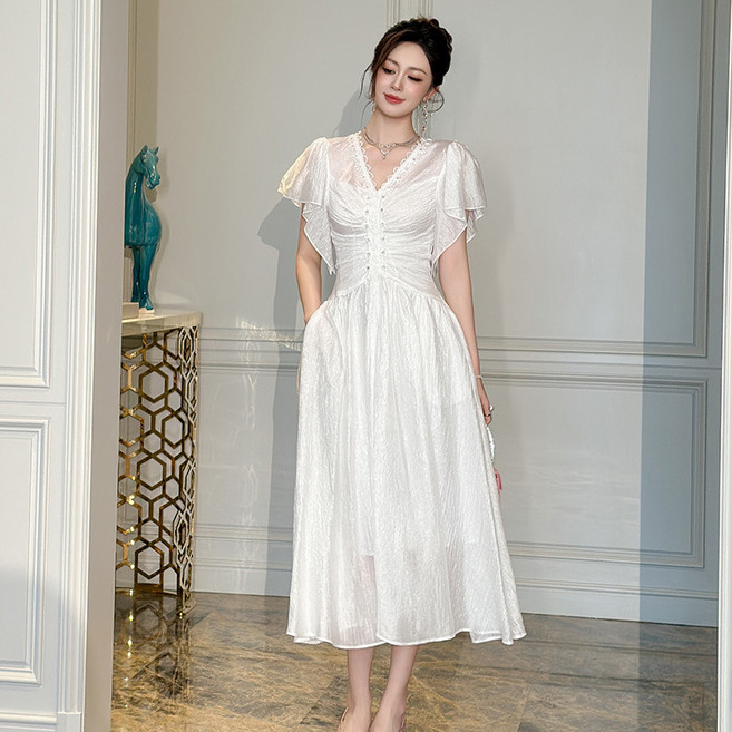 【氣質顯瘦】白色連衣裙 法式連衣裙 收腰連衣裙 長裙 氣質長裙 夏季連衣裙 V領設計 溫柔風 法式復古 約會度假必備, 白色