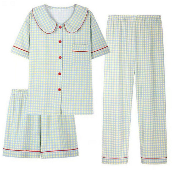 쉬블림로브 3피스(반팔+반바지+긴바지) 여성 체크 패턴 홈웨어 파자마 잠옷 세트 GWD0216