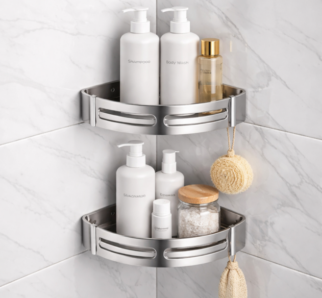 오복이픽마켓 코너형 접착식 다용도 욕실 선반 무타공 실버 2개