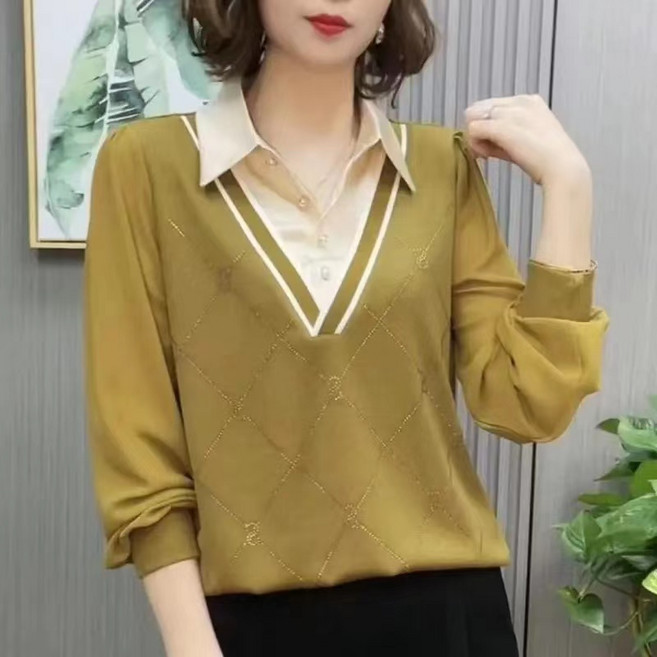 휠렉스 여성 봄 브이넥 레이어드 셔츠 니트 블라우스 오피스룩 데일리 JT204