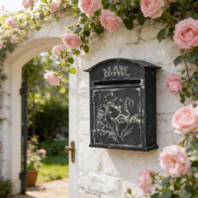 빈티지 우편함 철제 정원 인테리어 플라워 벽걸이 우체통, 블랙 26.5x10x31.5CM