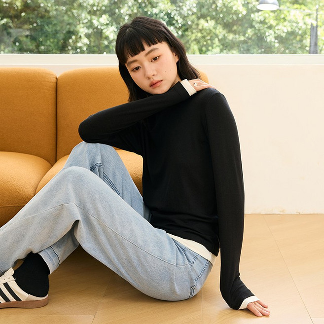 큰귀멍멍 여성 베이직 텐셀 울 레이어드 페이크투피스 라운드넥 긴팔 티셔츠