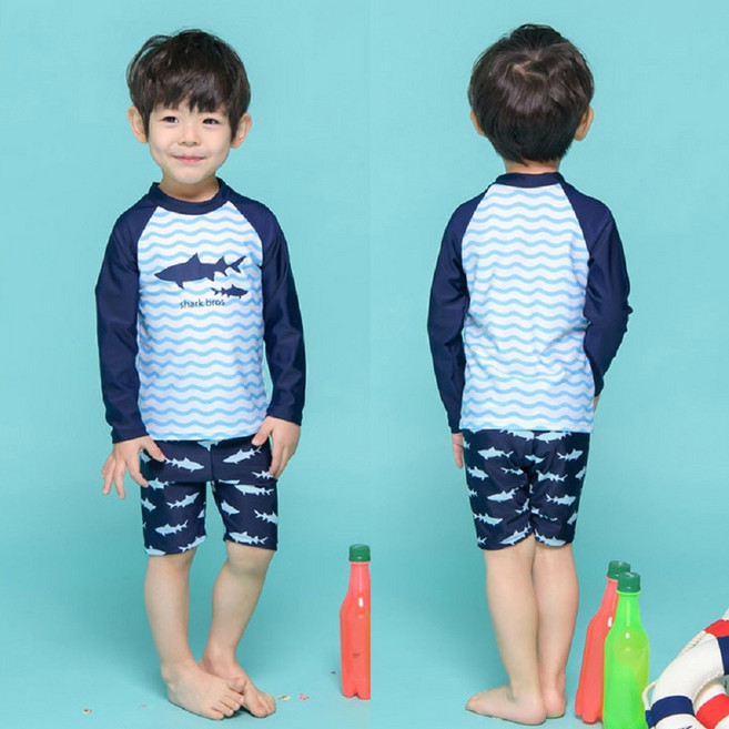 shark bros 男童長袖兩件式泳裝 附泳帽 鯊魚圖案 適合87-145公分兒童