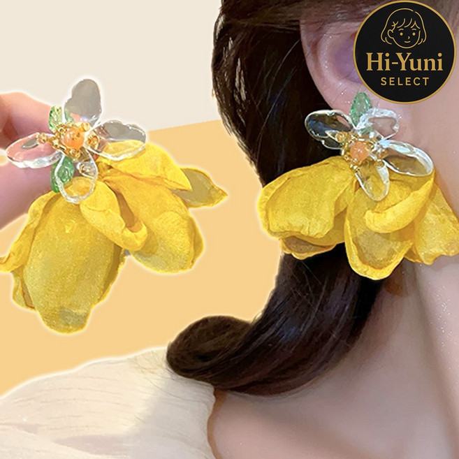 하이유니 [시선강탈] 프렌치 진주비즈 플라워쉬폰 롱 드롭 은침 귀걸이