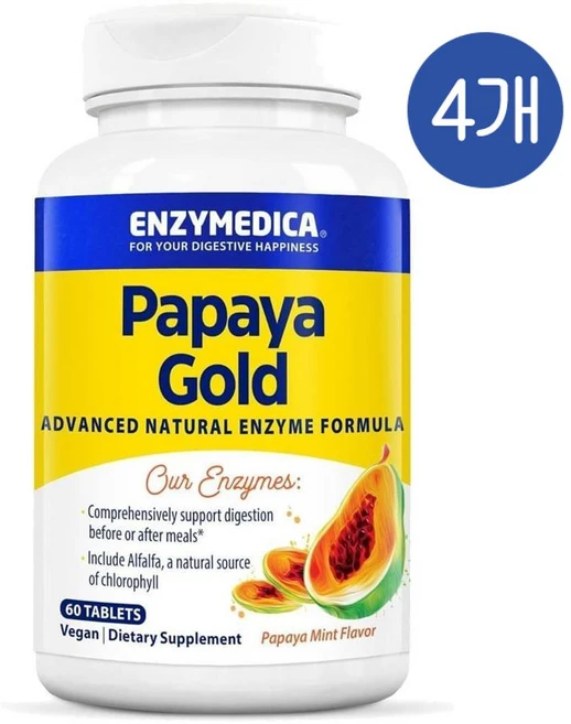 엔자이메디카 파파야 골드 어드밴스드 다이제스티브 내추럴 엔자임 츄어블 타블렛 Enzymedica Papaya Gold, 4개, 60정 - 쿠팡