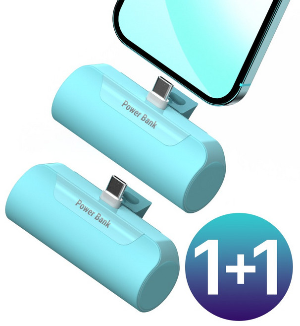 1+1 프리미엄 도킹형 일체형 미니 보조배터리 5000mAh, C타입(갤럭시), 민트+민트
