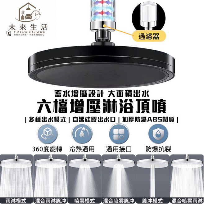 FUTUR ELIVING【未來生活】六檔增壓頂裝蓮蓬頭 花灑 頂噴 淋浴花灑 淋浴家用頂噴 蓮蓬頭 旋轉頂噴 旋轉防爆 蓄水增壓 過濾蓮蓬頭, 升級六檔【9英吋星空銀】, 1個