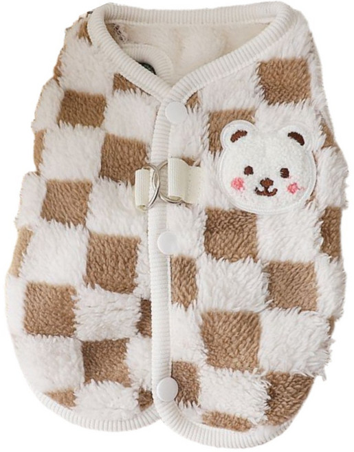 온리코 강아지 옷 곰돌이 패치체크 양털 조끼, 1개, 브라운