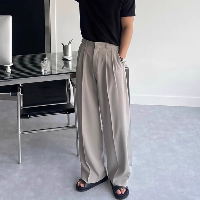 ANYOU 남성 빅사이즈 와이드 슬랙스 핀턱 밴딩 링클프리 통기성 좋은 여름 바지