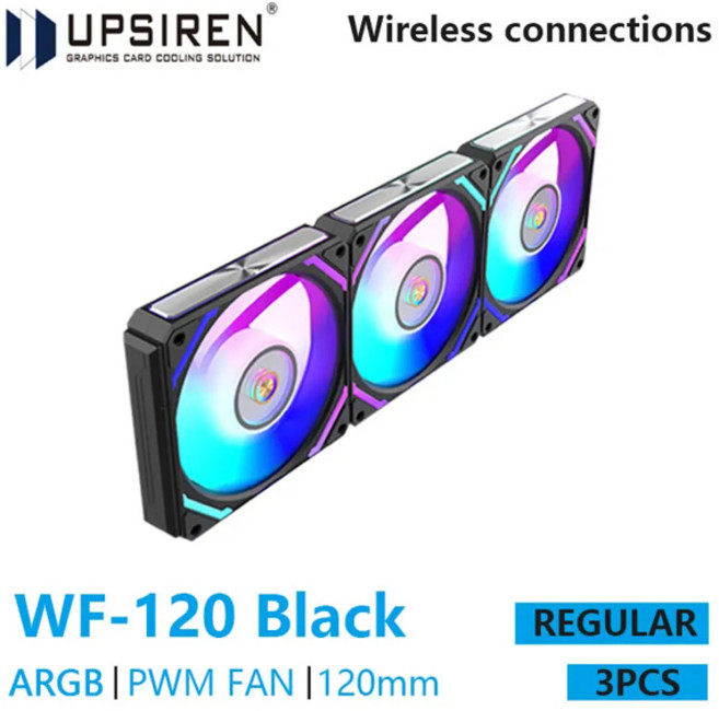 UPSIREN WF-120 ARGB PWM 섀시 팬 ARGB120mm 4 핀 PWM 매직 컬러 무선 스티칭 컴퓨터 방열 선풍기 3 개, REVERSED Black, 1개