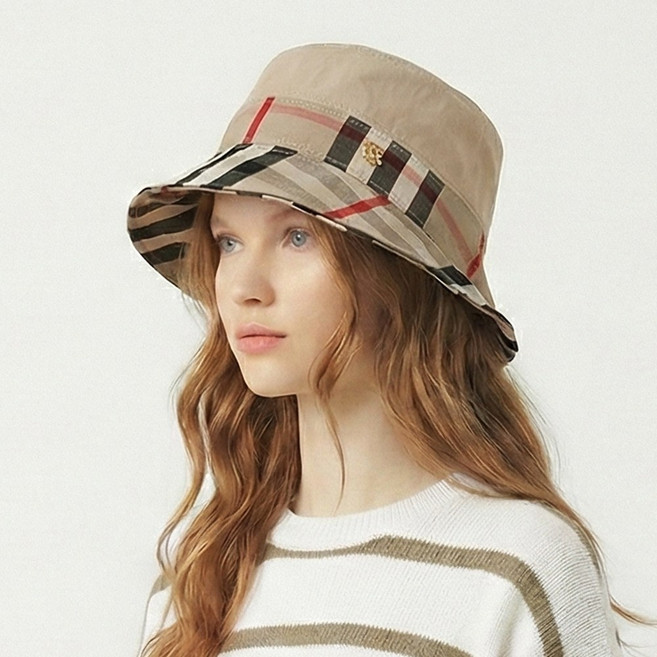 여성 봄 여름 고급 체크 버킷햇 중년 벙거지모자