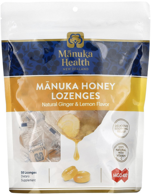 Manuka Health 마누카 꿀 사탕 정제 천연 생강 & 레몬 MGO 400+ 정제 58정 141665