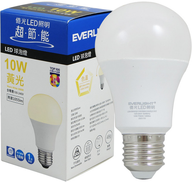 億光EVERLIGHT LED球泡燈 10W 黃光 3000K 全電壓 100-240V 亮度1055lm, 1個