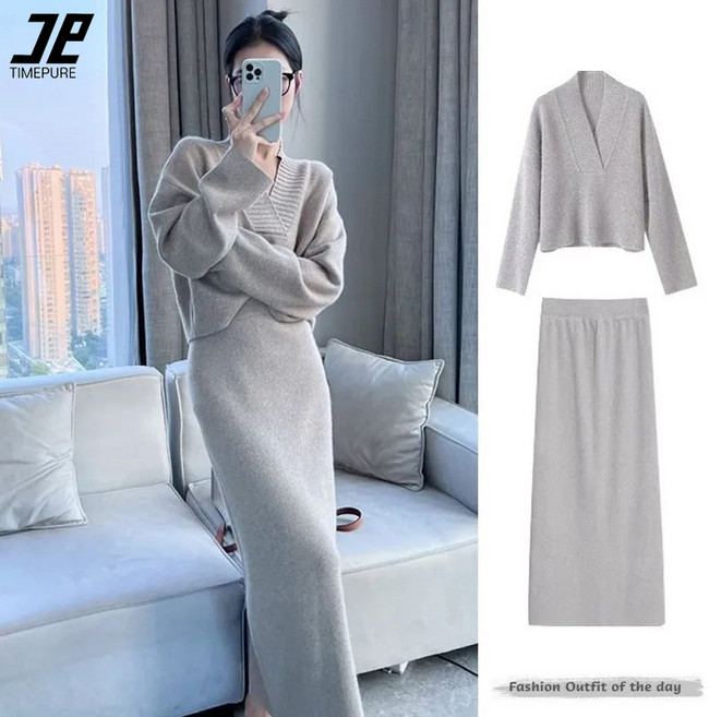 timepure 가을 겨울 여성 2피스 니트 세트 캐주얼 브이넥 니트 스웨터+롱 스커트 신플 니트 치마 상하의 세트 패션