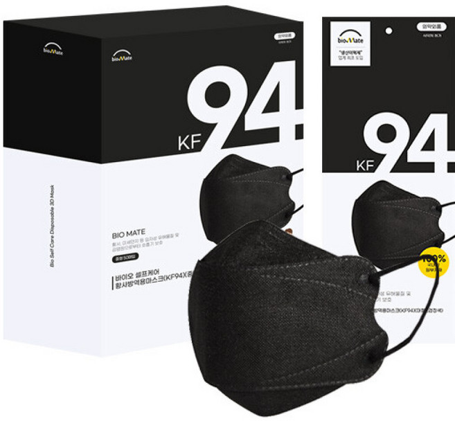 바이오 셀프케어 황사방역용마스크(KF94) 바이오메이트 황사방역용 KF94 4중필터 국산 일회용 마스크 개별포장 블랙 중형, 50개