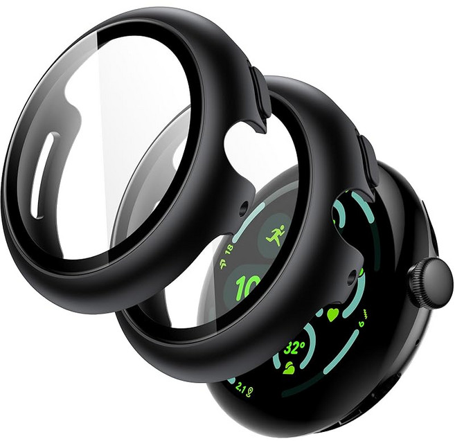 JETech Google Pixel Watch 3 2024 45mm용 케이스 액정 보호 필름 부착 9H 강화 유리제 하드 PC 범퍼 전면 보호 커버 2개 세트 블랙, 1개, 상세페이지 참조