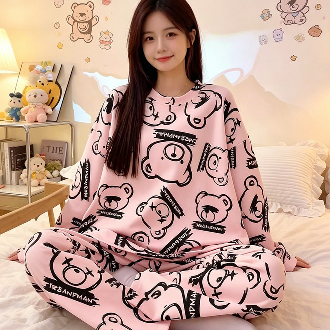 여성 캐주얼 깜찍한 토끼 프린트 긴팔 긴바지 파자마 세트 2 피스