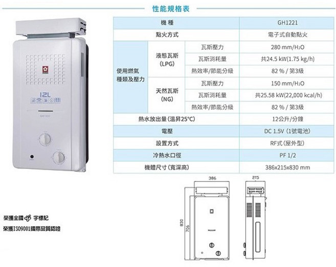 櫻花 GH1221/GH1235 12L抗風型屋外傳統熱水器，分期零利率，原廠貨