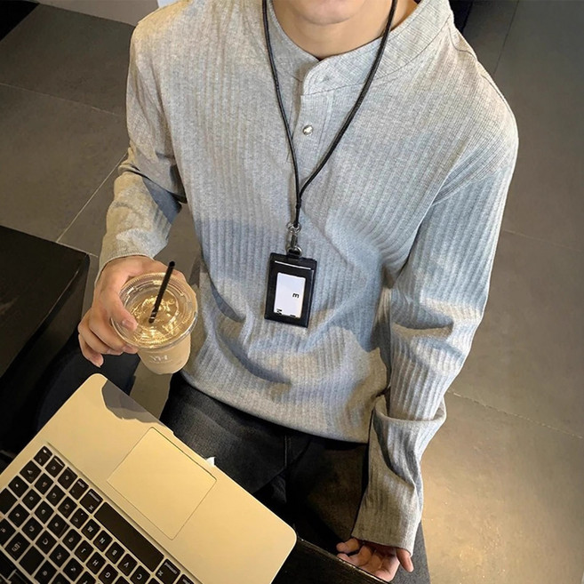 【復古老錢風】亨利領T恤 男式衛衣 長袖T恤 打底衫 內搭 正肩設計 美式復古 純棉面料 秋季疊穿 通勤休閒