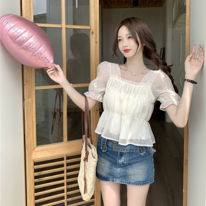 AURALA 여성용 반팔 시폰 블라우스 여름 퍼프소매 날씬해보이는 스퀘어넥 쇼트 블라우스