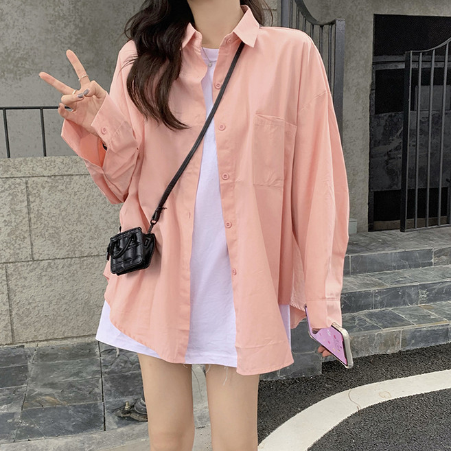 粉色襯衫女裝春秋2024新款慵懶風寬鬆長袖上衣小個子襯衣百搭外套