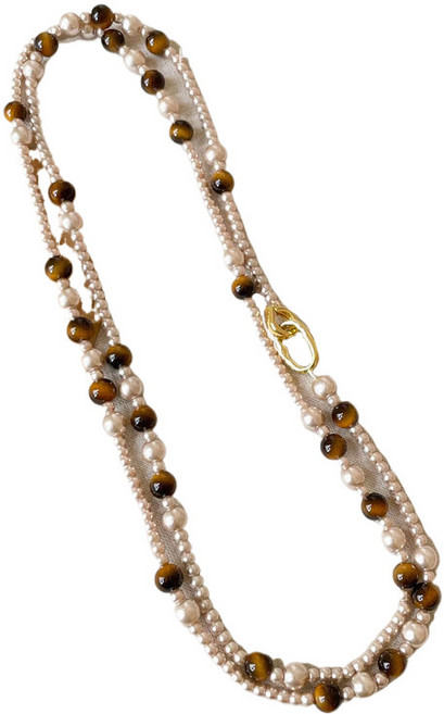 레트로 메이라드 타이거아이 진주 이중 비즈 넥클리스 여성용 2025 가을겨울 롱 스웨터 체인 액세서리