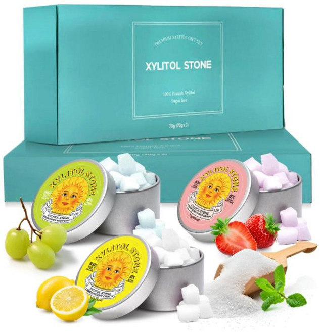 자일리톨 스톤 무설탕 사탕 - 비건 및 케토 친화적인 독특한 하드 캔디 100% 천연 향미 글루텐 프리 비유전자변형 무첨가 구취개선용 저칼로리 민트 페퍼민트 부스터 (2개 세트, 딸기/청포도/레몬 (3팩), 70g