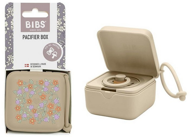 BIBS Liberty 스트랩이 달린 젖꼭지 박스. 수더 홀더 및 살균기 케이스. 100% BPA 프리 식품 등급 소재 - 보보 페트롤, 딸기와 크림 바닐라