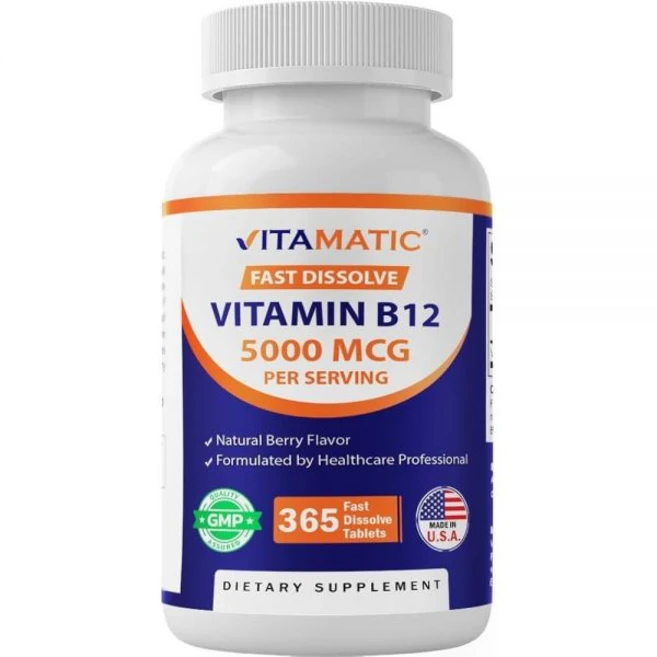Vitamatic 비타민 B12 5000mcg - 365 빠른 용해 태블릿 베리 맛 - GMO 프리 글루텐 프리, 알약/캡슐, 1개, 365정 - 쿠팡