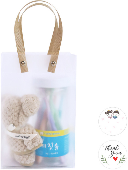 니즈엘 네임택 고리 수건 30X30 곰모양 타월 어린이집 생일 입학 졸업 수료 선물 유치원 구디백 키즈 칫솔 준비물, 1개, 곰수건(소)(베이지)+파스텔칫솔(8개입)+스티커2장