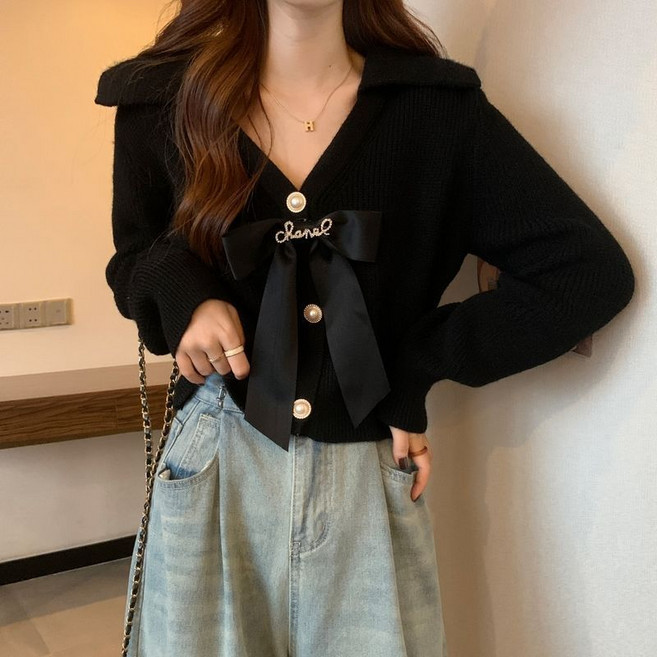 Makone 프랑스 칼라 니트 스웨터 여성의 가을과 겨울 활 긴팔 쇼트 탑