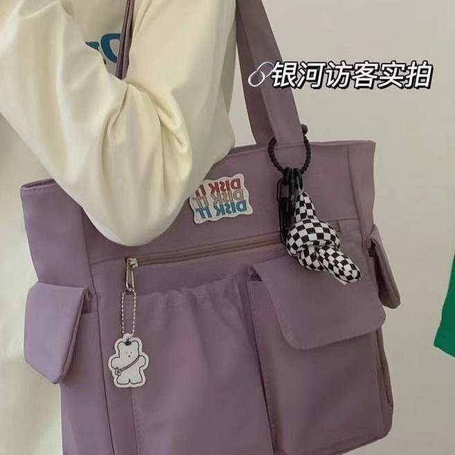 韓國ins大容量托特包 簡約百搭手提單肩包 可放A4課本, 紫色-標準版,包包【贈送掛墜】