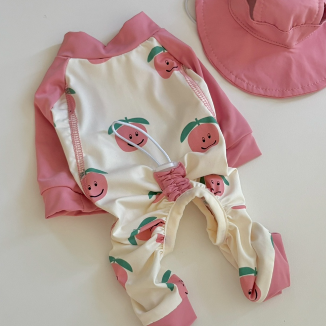 강아지옷 피치래쉬가드 모자세트 올인원 수영복 여름 바캉스 휴가룩, 핑크, 1개