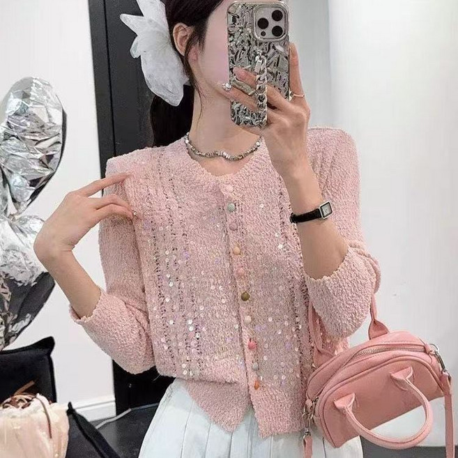 봄 가을 여성 니트 가디건 캐주얼 얇은 아우터 기질 니트 코트 패션 니트 상의 루즈핏 스팽글 라운드 카디건 스웨터 CY