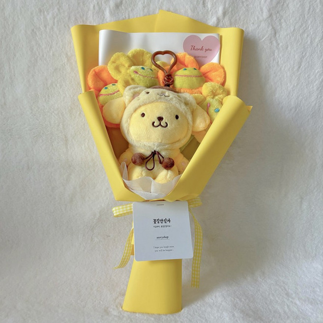 산리오 고양이 코스튬 가방고리 키링13cm 스마일꽃4송이 인형꽃다발 졸업선물 생일선물 졸업식꽃다발, 1세트, 폼폼푸린, 330mm