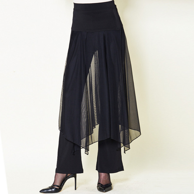 까르죠아 쉬폰 이중 여신 와이드 팬츠 라인댄스바지 77 88사이즈 여성 랩스커트 스포츠댄스복 라인 줌바 섹시댄스복 치마 스커트팬츠, XL, 블랙