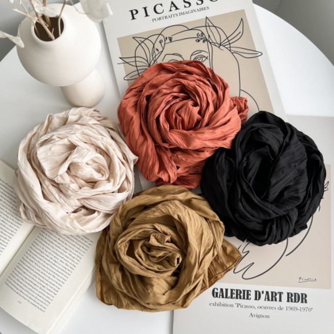 여성 머플러 스카프 목도리 여자 심플 간절기 롱 단색 주름 플리츠 가을 국내생산 남여공용